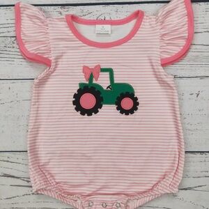 Pink Striped Baby Romper with Green Tractor Applique